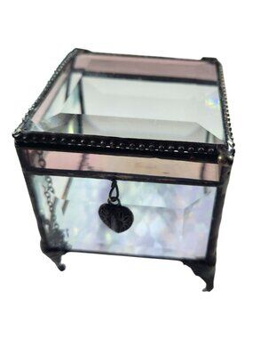 Trinket box J. Devlin Glass Art Hinged Lid Heart Charm pink clear valentine